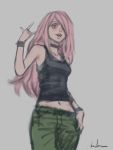  1girl \m/ arm_at_side arm_up bangs black_shirt black_tank_top breasts gohpot green_pants green_shorts grey_background little_witch_academia looking_at_viewer medium_breasts midriff navel pants pink_eyes pink_hair sharp_teeth shirt shorts signature simple_background sketch solo sucy_manbavaran swept_bangs teeth 