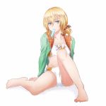  1girl barefoot bikini blonde_hair collarbone edna_(tales) food full_body green_eyes green_jacket hair_between_eyes hair_ornament jacket looking_at_viewer mishiro_(andante) mouth_hold open_clothes open_jacket popsicle shiny shiny_hair short_hair short_twintails simple_background sitting solo strapless strapless_bikini swimsuit tales_of_(series) tales_of_zestiria twintails white_background white_bikini 
