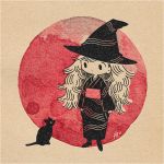  1girl ayu_(mog) big_hair black_cat cat closed_mouth hat japanese_clothes kimono limited_palette long_sleeves obi original sash signature solo standing witch_hat 
