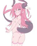  1girl :o ass bangs bare_arms bare_shoulders bikini blade_(galaxist) blush breasts cowboy_shot curled_horns dragon_girl dragon_horns dragon_tail elizabeth_bathory_(fate) elizabeth_bathory_(fate)_(all) eyebrows_visible_through_hair fate/extra fate/extra_ccc fate_(series) hair_between_eyes hair_ribbon horns long_hair looking_at_viewer looking_back parted_lips pink_hair ribbon small_breasts solo standing swimsuit tail tail_raised thigh-highs two_side_up very_long_hair violet_eyes white_bikini white_legwear white_ribbon 
