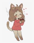  1girl =_= ahoge animal_ears ayu_(mog) barefoot black_border blush border brown_hair cat_ears cat_tail chibi closed_eyes doughnut eating food full_body grey_background heart motion_lines naked_sweater original parted_lips red_sweater simple_background smile solo sweater tail 