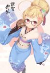  1girl ahoge alternate_hairstyle animal azur_lane blue_kimono blush boar boots bow brown-framed_eyewear brown_footwear brown_gloves closed_eyes closed_mouth commentary_request egasumi eldridge_(azur_lane) facing_viewer floral_print flower frilled_sleeves frills fujieda_uzuki fur_collar glasses gloves green_flower hair_bow hair_bun hair_flower hair_ornament half_gloves high_heel_boots high_heels highres holding holding_animal japanese_clothes kimono long_sleeves looking_at_viewer new_year obi print_kimono purple_flower red_eyes sash sleeves_past_wrists solo white_bow wide_sleeves 