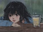  1girl bangs black_eyes black_hair blue_sweater chin_rest closed_mouth cup gohpot hair_between_eyes hand_on_table lips long_sleeves looking_to_the_side makeup mascara original rain sad smeared_mascara solo sweater 