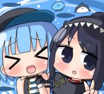  &gt;_&lt; 2girls :d animal baseball_cap black_capelet black_eyes black_gloves black_hair black_hat blue_hair blush capelet chibi closed_eyes collar commentary_request copyright_request facing_viewer fish gloves hana_kazari hat jellyfish long_hair looking_at_viewer multiple_girls open_mouth red_collar shirt sleeveless sleeveless_shirt smile spiked_collar spikes v virtual_youtuber water white_shirt xd 