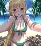  1girl bangs beach bikini blonde_hair blue_sky blush breasts cleavage clouds collarbone commentary_request day elf eyebrows_visible_through_hair front-tie_bikini front-tie_top green_bikini long_hair looking_at_viewer medium_breasts navel ocean open_mouth original outstretched_arms palm_tree pointy_ears sky solo standing swimsuit tenrai tree very_long_hair violet_eyes water wet wet_hair 