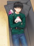  1boy black_hair chigusa_kasumi christmas_sweater closed_eyes confetti couch crossed_arms hat hat_removed headwear_removed male_focus party_hat qualidea_code santa_claus sekiya_asami short_hair sleeping solo 