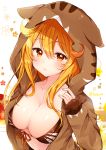  1girl animal_ears animal_hood bangs black_bikini_top blush breasts brown_jacket cleavage collarbone commentary_request eyebrows_visible_through_hair fake_animal_ears floral_background front-tie_bikini front-tie_top fukunoki_tokuwa hair_between_eyes hand_up head_tilt highres hood hooded_jacket jacket large_breasts long_hair long_sleeves looking_at_viewer open_clothes open_jacket orange_eyes orange_hair original parted_lips sidelocks sleeves_past_wrists solo twitter_username upper_body white_background 