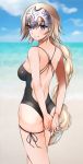 1girl amiga_sayuri arms_behind_back ass backless_swimsuit bangs beach black_ribbon black_swimsuit blonde_hair blue_eyes blue_sky blurry blurry_background braid braided_ponytail breasts casual_one-piece_swimsuit clouds eyebrows eyebrows_visible_through_hair eyelashes eyelashes_visible_through_hair fate/apocrypha fate_(series) feet_out_of_frame floating_hair from_behind headpiece jeanne_d&#039;arc_(fate) jeanne_d&#039;arc_(fate)_(all) legs legs_together long_hair looking_at_viewer looking_back medium_breasts ocean one-piece_swimsuit outdoors ribbon sideboob single_braid sky smile solo standing swimsuit thigh_ribbon thighs very_long_hair