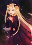  1girl abigail_williams_(fate/grand_order) arm_up bangs black_bow black_dress black_hat blonde_hair blue_eyes bow dress fate/grand_order fate_(series) floating_hair from_side hair_bow hat highres holding holding_stuffed_animal long_hair looking_at_viewer open_mouth orange_bow parted_bangs romuni sleeves_past_wrists solo standing stuffed_animal stuffed_toy teddy_bear very_long_hair 