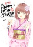  1girl 2019 7_calpis_7 ;d bangs blush brown_eyes brown_hair chinese_zodiac commentary_request eyebrows_visible_through_hair fang fingernails floral_print hair_between_eyes happy_new_year highres holding japanese_clothes kimono long_hair long_sleeves looking_at_viewer nengajou new_year obi omikuji one_eye_closed open_mouth original pink_kimono print_kimono sash smile solo translated wide_sleeves year_of_the_pig 