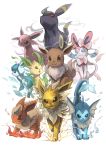  ;d ahoge black_eyes blue_eyes brown_eyes creatures_(company) eevee electricity espeon feathers fire flame flareon forehead_jewel game_freak gen_1_pokemon gen_2_pokemon gen_4_pokemon gen_5_pokemon gen_6_pokemon glaceon highres ice ico6 jolteon leaf leafeon looking_at_viewer nintendo no_humans one_eye_closed open_mouth pokemon pokemon_(creature) red_eyes smile smoke sylveon umbreon vaporeon water white_background 