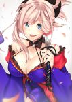  1girl :d blue_eyes blue_kimono breasts choker cleavage collarbone eyebrows_visible_through_hair fate/grand_order fate_(series) hair_ornament holding holding_sword holding_weapon japanese_clothes katana kimono large_breasts long_hair magatama miyamoto_musashi_(fate/grand_order) office_lady open_mouth petals romuni shiny shiny_hair silver_hair smile sword upper_body weapon white_background 