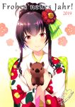  1girl 2019 animal animal_hug azuma_yuki bangs blush boar bow brown_hair checkered checkered_bow closed_mouth eyebrows_visible_through_hair floral_print flower french green_bow hair_between_eyes hair_bow hair_flower hair_ornament happy_new_year japanese_clothes kimono long_hair long_sleeves new_year original print_kimono red_eyes red_flower sidelocks signature smile solo striped striped_bow translated twitter_username upper_body white_background white_kimono wide_sleeves 