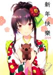  1girl 2019 animal animal_hug azuma_yuki bangs blush boar bow brown_hair checkered checkered_bow chinese closed_mouth eyebrows_visible_through_hair floral_print flower green_bow hair_between_eyes hair_bow hair_flower hair_ornament happy_new_year japanese_clothes kimono long_hair long_sleeves new_year original print_kimono red_eyes red_flower sidelocks signature smile solo striped striped_bow translated twitter_username upper_body white_background white_kimono wide_sleeves 