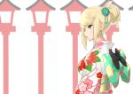  1girl bangs blonde_hair dolling60883582 earrings floral_print flower hair_flower hair_ornament highres mythra_(xenoblade) japanese_clothes jewelry kimono long_hair long_sleeves new_year nintendo obi ribbon sash solo swept_bangs tiara tied_hair white_kimono wide_sleeves xenoblade_(series) xenoblade_2 yellow_eyes yukata 