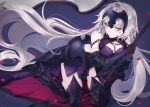  1girl armor armored_dress bangs black_gloves blush breasts cape chains cleavage eyebrows_visible_through_hair fate/grand_order fate_(series) fur-trimmed_cape fur_collar fur_trim gauntlets gloves hair_between_eyes headpiece jeanne_d&#039;arc_(alter)_(fate) jeanne_d&#039;arc_(fate)_(all) kneeling large_breasts long_hair looking_at_viewer neko-san_(dim.dream) petals sidelocks silver_hair solo standard_bearer thigh-highs thighs tsurime very_long_hair yellow_eyes 