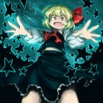  1girl :d bangs black_skirt black_vest blonde_hair dress fang frilled_skirt frills graphite_(medium) hair_between_eyes long_sleeves mizuno_(okn66) open_mouth outstretched_arms red_eyes red_ribbon ribbon rumia shaded_face shirt short_hair skirt smile solo star starry_background touhou traditional_media vest white_sleeves 