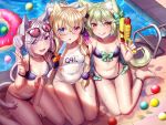  3girls :d :o :q animal_ear_fluff animal_ears anklet art556_(girls_frontline) artist_name ass_visible_through_thighs ball bangs bare_shoulders barefoot between_legs bikini black-framed_eyewear black_bikini blonde_hair blue_eyes blush bow bracelet braid breasts cat_ears cat_girl cat_tail closed_mouth collarbone commentary_request covered_nipples eyebrows_visible_through_hair eyewear_on_head fang food frilled_bikini_top frills front-tie_bikini front-tie_top g41_(girls_frontline) girls_frontline green_bow green_hair gun hair_between_eyes hair_bow hair_over_shoulder hand_between_legs hand_up hetero holding holding_food holding_gun holding_weapon innertube jewelry long_hair looking_at_viewer multiple_girls name_tag navel on_floor one-piece_swimsuit open_mouth p7_(girls_frontline) pink-tinted_eyewear pinky_out ponytail pool pool_ladder poolside popsicle puddle red_eyes red_ribbon ribbon saruei see-through side_bun simple_background single_braid sitting small_breasts smile stomach sweat swept_bangs swimsuit tail tongue tongue_out twintails v very_long_hair violet_eyes wariza water weapon wet wet_clothes wet_swimsuit white_bow white_swimsuit yellow_eyes yokozuwari 
