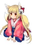  1girl animal_ears bell blonde_hair blue_hakama brown_eyes fox_ears fox_tail full_body hair_bell hair_ornament hakama japanese_clothes kimono kuroneko0202 long_hair looking_at_viewer original sandals smile socks solo tail thick_eyebrows very_long_hair white_background white_legwear yukata 