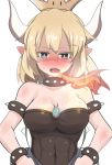  1girl abs bangs black_collar blonde_hair blue_earrings blue_eyes blush borrowed_design bowsette bracelet breasts breathing_fire brooch collar commentary crown dress embarrassed eyebrows_visible_through_hair fire frown gem highres horns jewelry kumo_(atm) large_breasts looking_at_viewer super_mario_bros. medium_hair new_super_mario_bros._u_deluxe nintendo open_mouth pointy_ears sharp_teeth solo spiked_armlet spiked_bracelet spiked_collar spiked_shell spikes standing strapless strapless_dress super_crown super_mario_bros. sweat teeth turtle_shell upper_body 