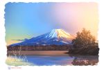  blue_sky commentary_request day grass highres hirota_(masasiv3) lake mount_fuji mountain multicolored multicolored_sky nature no_humans original outdoors reflection scenery signature sky sunset tree 