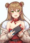  1girl :d absurdres ahoge alternate_costume bada_(jksh5056) bangs bare_shoulders belt blush bow breasts brown_hair choker christmas cleavage double_bun dress eyebrows_visible_through_hair fur_trim girls_frontline green_eyes hair_between_eyes hair_bow handheld_game_console highres holding_handheld_game_console jacket long_hair looking_at_viewer medium_breasts off_shoulder open_mouth red_bow rfb_(girls_frontline) sidelocks simple_background smile solo strapless strapless_dress upper_body white_background 