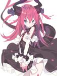  1girl bangs black_dress black_ribbon blade_(galaxist) blue_eyes blurry blurry_background blush curled_horns depth_of_field detached_sleeves dragon_girl dragon_horns dragon_tail dress elizabeth_bathory_(fate) elizabeth_bathory_(fate)_(all) eyebrows_visible_through_hair fate/extra fate/extra_ccc fate_(series) hair_between_eyes hair_ribbon horns long_hair long_sleeves looking_at_viewer parted_lips pink_hair ribbon simple_background solo tail two_side_up very_long_hair white_background 