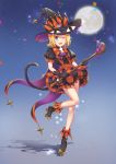  1girl ;3 ;d absurdres animal_ears black_hat black_shirt blonde_hair blue_eyes bubble_skirt cat_ears cat_tail frilled_skirt frills full_body full_moon halloween halloween_costume hat hatsune_speed:_hatsune_miku_roller_skating_music highres hiroshi_taeru_qwq holding kagamine_rin leg_up looking_at_viewer moon one_eye_closed open_mouth orange_neckwear roller_skates shirt short_hair short_sleeves skates skirt skull sky smile solo standing standing_on_one_leg star_(sky) starry_sky striped striped_skirt tail vocaloid witch_hat 