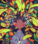  1girl abstract absurdres bangs black_hair blush collared_shirt flower glowing highres jewelry leaf long_hair looking_at_viewer necklace no_nose original shirt sizucomaru solo upper_body white_shirt 