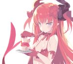  1girl bikini blade_(galaxist) blue_eyes blush bow bowtie breasts cupcake eating elizabeth_bathory_(fate) elizabeth_bathory_(fate)_(all) eyebrows_visible_through_hair fate/grand_order fate_(series) flower food fork frilled_bikini frilled_gloves frills gloves hair_flower hair_ornament hair_ribbon horns long_hair looking_at_viewer pink_hair plate pointy_ears ribbon simple_background small_breasts solo swimsuit tail two_side_up upper_body white_background 