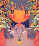  1girl abstract absurdres bangs blue_hair blush collared_shirt feathers glowing highres jewelry leaf long_hair looking_at_viewer multicolored multicolored_eyes necklace no_nose original plant portrait red_background shirt sizucomaru solo white_shirt 