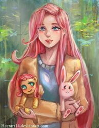  1girl artist_name blue_eyes deviantart_username fluttershy highres jacket lipstick long_hair looking_at_viewer makeup my_little_pony open_clothes open_jacket open_mouth parted_lips pink_hair rabbit red_lipstick simha solo stuffed_animal stuffed_bunny stuffed_toy very_long_hair watermark web_address yellow_jacket 