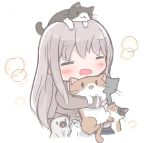  1girl :3 :d =_= animal animal_on_head bang_dream! bangs blazer blush bubble calico cat cat_on_head chibi grey_hair grey_jacket holding holding_cat jacket koroneko_(ky-tora) long_hair long_sleeves minato_yukina on_head open_mouth smile solo white_background 