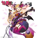  1girl :d bare_shoulders bat_wings black_choker black_gloves blonde_hair blue_eyes blush breasts choker copyright_name detached_sleeves dress electric_guitar eyebrows_visible_through_hair fangs fingerless_gloves garter_straps glint gloves guitar hair_ornament hair_ribbon head_wings high_heels holding holding_instrument instrument jumping looking_at_viewer matsui_hiroaki medium_breasts music official_art open_mouth pink_legwear pink_ribbon playing_instrument plectrum purple_dress purple_footwear ribbon short_dress short_sleeves smile solo spotlight star star_hair_ornament thigh-highs uchi_no_hime-sama_ga_ichiban_kawaii watermark wings 