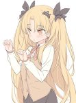  1girl bangs black_ribbon black_skirt blade_(galaxist) blonde_hair blush brown_vest crown_hair_ornament earrings ereshkigal_(fate/grand_order) eyebrows_visible_through_hair fate/grand_order fate_(series) hair_between_eyes hair_ornament hair_ribbon hands_up jewelry long_hair long_sleeves orange_eyes parted_bangs parted_lips ribbon shirt simple_background skirt sleeves_past_wrists solo two_side_up very_long_hair vest white_background white_shirt 