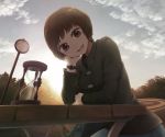  1girl :d bag bangs blue_pants brown_eyes brown_hair chin_rest clouds cloudy_sky coat commentary_request denim eyebrows_visible_through_hair green_coat grey_sky head_tilt hourglass jeans long_sleeves looking_at_viewer open_mouth original pants short_hair sitting sky smile solo sunset table watch watch yajirushi_(chanoma) 