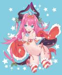  1girl arched_back armor bangs bare_shoulders bikini_armor blade_(galaxist) blue_background blue_eyes blush breasts choker christmas_ornaments curled_horns diagonal_stripes dragon_girl dragon_horns dragon_tail elizabeth_bathory_(brave)_(fate) elizabeth_bathory_(fate)_(all) eyebrows_visible_through_hair fang fate/grand_order fate_(series) full_body fur-trimmed_gloves fur_trim glint gloves green_ribbon groin hair_between_eyes hair_ribbon head_tilt heart heart-shaped_pupils horns looking_at_viewer navel open_mouth oversized_clothes pink_hair pointy_ears polka_dot_ribbon red_armor red_choker red_gloves ribbon sidelocks small_breasts solo sparkle star striped striped_legwear symbol-shaped_pupils tail thigh-highs two_side_up 