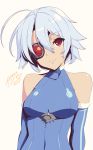  1girl ahoge bare_shoulders blazblue bodysuit breasts eyepatch grey_hair hell_machina highres large_breasts long_hair looking_at_viewer nu-13 red_eyes signature small_breasts smile solo very_long_hair 