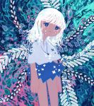  1girl abstract absurdres antennae bangs blue_eyes blue_skirt collared_shirt flower glowing half-closed_eyes highres jewelry leaf medium_hair necklace no_nose original shirt short_sleeves sizucomaru skirt solo white_hair white_shirt 