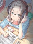 1girl alternate_hairstyle aoba_moca bang_dream! bangs_pinned_back cellphone food glasses green_eyes grey_hair headphones highres lying mouth_hold off_shoulder on_bed on_stomach pencil phone pocky sheet_music short_hair smartphone solo user_ggvk4744