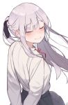  1girl ak-12_(girls_frontline) bangs black_ribbon braid closed_eyes closed_mouth eyebrows_visible_through_hair french_braid from_behind garin girls_frontline long_hair long_sleeves looking_at_viewer looking_back ribbon sidelocks silver_hair simple_background skirt smile solo white_background 