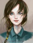  1girl absurdres artist_name blue_eyes blue_shirt braid brown_hair closed_mouth collared_shirt commentary deviantart_username english_commentary eyelashes highres lips lipstick looking_at_viewer makeup original ponytail red_lipstick shirt side_braid simha14 solo watermark web_address 