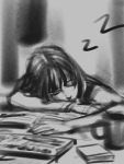  1girl book closed_eyes crossed_arms gohpot greyscale head_rest highres monochrome original sketch solo zzz 