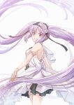  1girl absurdly_long_hair armlet back_bow backless_dress backless_outfit black_ribbon bow bracelet cowboy_shot dress euryale eyebrows_visible_through_hair fate/hollow_ataraxia fate_(series) floating_hair flower hair_flower hair_ornament hair_ribbon hairband jewelry lolita_hairband long_hair mishiro_(andante) purple_hair ribbon simple_background sleeveless sleeveless_dress solo standing thighlet twintails very_long_hair violet_eyes white_background white_dress white_flower 
