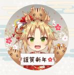  1girl :d animal animal_ears animal_on_head bangs blonde_hair blush boar chinese_zodiac commentary_request egasumi fang fate/apocrypha fate_(series) floral_print flower green_eyes hair_flower hair_ornament highres holding holding_sign japanese_clothes kemonomimi_mode kimono kurono_kito looking_at_viewer mordred_(fate) mordred_(fate)_(all) on_head one_side_up open_mouth parted_bangs pig_ears print_kimono red_flower red_kimono sidelocks sign smile solo translated v-shaped_eyebrows white_flower year_of_the_pig 