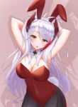  1girl ahoge animal_ears armpits arms_behind_head azur_lane blush breasts bunny_tail bunnysuit cleavage detached_collar eyebrows_visible_through_hair fake_animal_ears iron_cross long_hair looking_at_viewer medium_breasts messy_hair open_mouth prinz_eugen_(azur_lane) rabbit_ears red_eyes shadow signature silver_hair simple_background tail thick_thighs thighs wide_hips zeri_(zeristudio) 