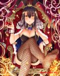  1girl alcohol animal_ears black_hair blush breasts bunnysuit cape cleavage coin cup diamond-shaped_pupils dollar_bill drinking_glass eyebrows_visible_through_hair falkyrie_no_monshou fishnet_legwear fishnets holding holding_cup large_breasts long_hair looking_at_viewer natsumekinoko official_art parted_lips rabbit_ears sitting symbol-shaped_pupils thigh-highs thighs throne wine wine_glass wrist_cuffs yellow_eyes 