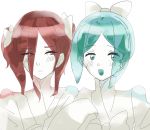  2others alternate_costume alternate_hairstyle androgynous aqua_eyes aqua_hair blush embarrassed green_eyes green_hair gyu_nba32 hair_over_one_eye hair_ribbon highres houseki_no_kuni japanese_clothes kimono long_bangs long_hair looking_at_viewer multiple_others open_mouth phosphophyllite red_eyes redhead ribbon shinsha_(houseki_no_kuni) short_hair smile twintails upper_body white_background white_kimono white_skin 