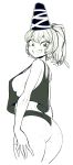  1girl arms_at_sides ass bare_arms boyshorts breasts commentary_request cowboy_shot eyebrows_visible_through_hair from_side grin hat highres large_breasts looking_back midriff monochrome mononobe_no_futo ponytail short_hair short_shorts shorts sideboob simple_background sketch smile solo space_jin tank_top tate_eboshi teeth thighs touhou white_background 