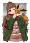  ;d absurdres antenna_hair bangs blunt_bangs blush brown_hair coat commentary_request creatures_(company) crossover eevee eyebrows_visible_through_hair game_freak gen_1_pokemon green_coat grey_background grey_sweater grin hair_bun hand_in_pocket head_tilt highres idolmaster idolmaster_cinderella_girls kamiya_nao kent0320 long_hair long_sleeves nintendo one_eye_closed open_clothes open_coat open_mouth petting pokemon pokemon_(creature) pokemon_(game) pokemon_lgpe red_eyes red_scarf ribbed_sweater scarf sleeves_past_wrists smile sweater tareme teeth thick_eyebrows upper_body violet_eyes 